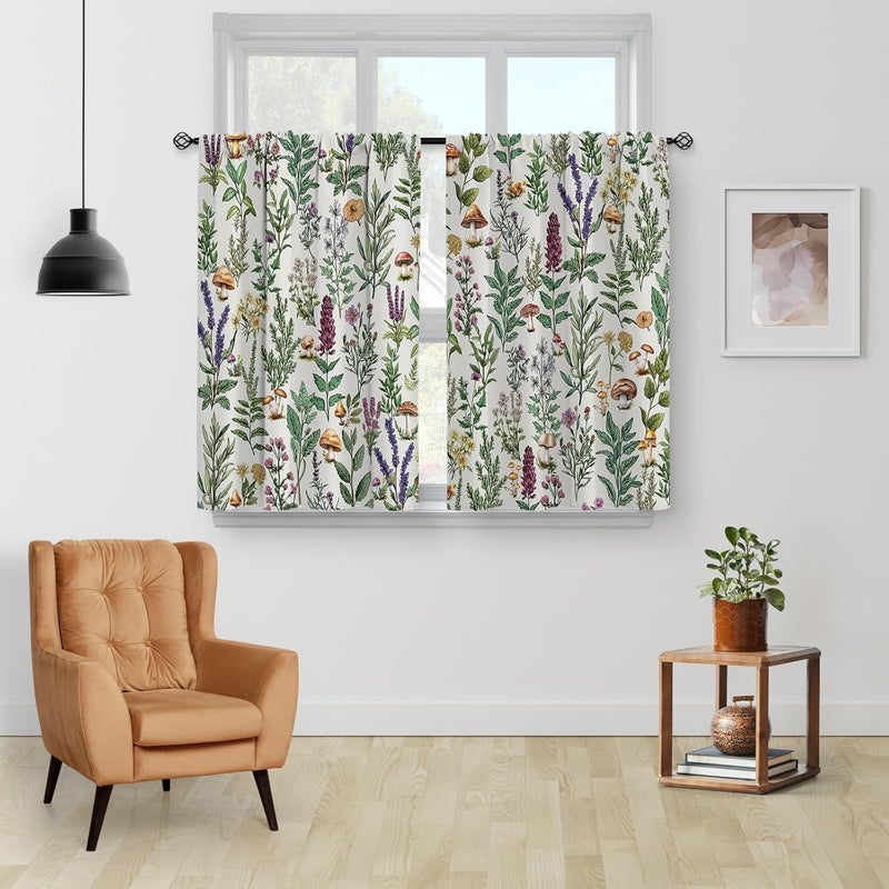 Aimego Spring Floral Kitchen Curtains - Botanical Leaf Rustic Small Short Cafe Tier Curtains for Living Room Rod Pocket Window Drapes 36 Inch Length 2 Panels Set 28"x36" - Image 2